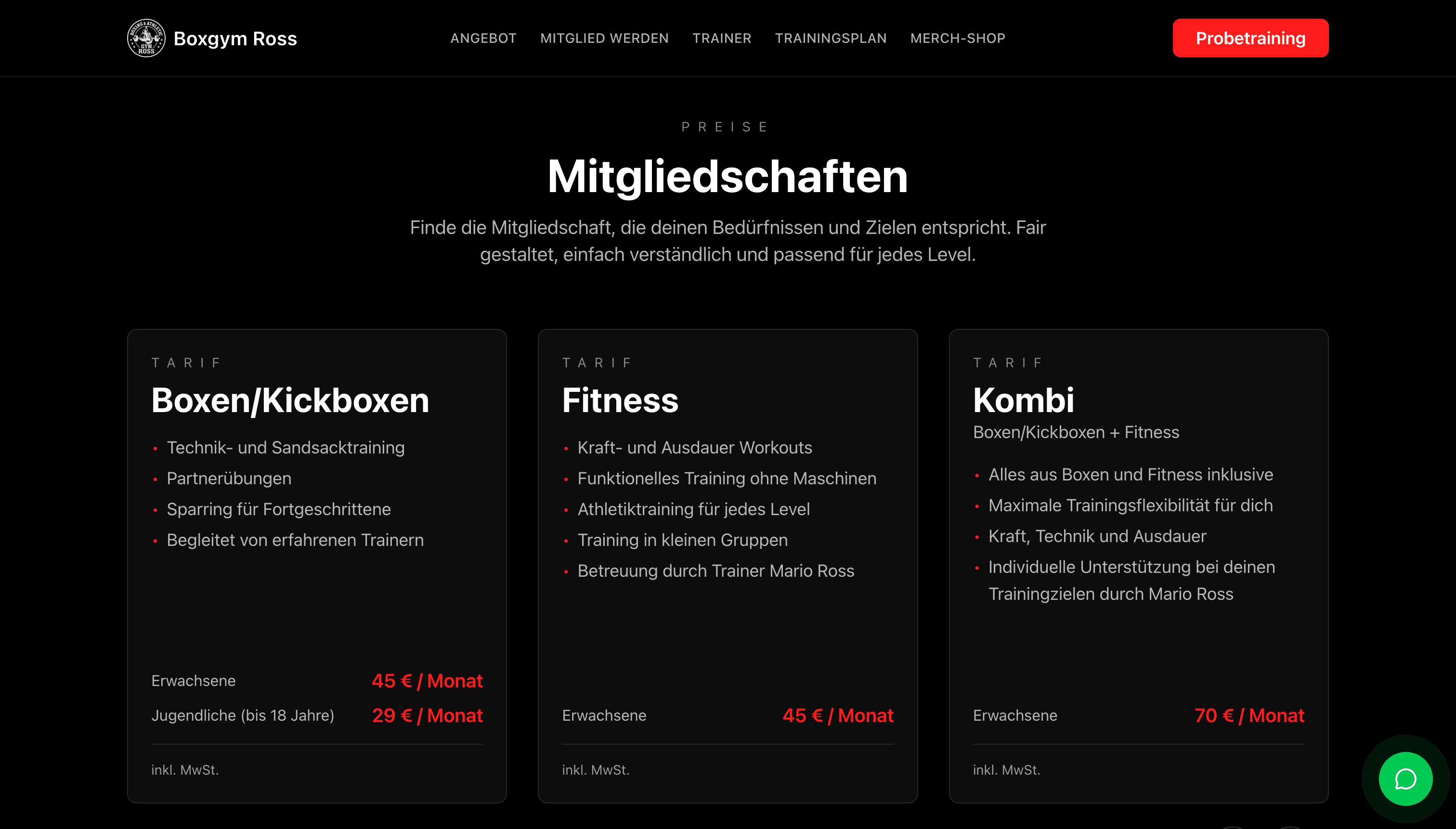 Mitgliedschaften und Preise für Boxen, Fitness und Kombi