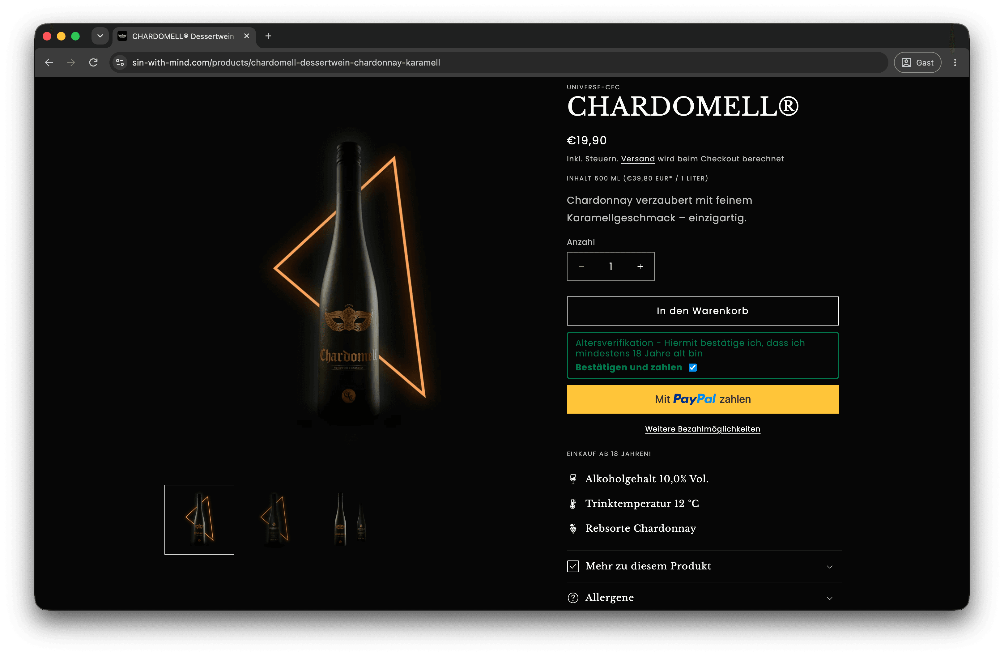 Produktseite Chardomell mit Altersverifikation
