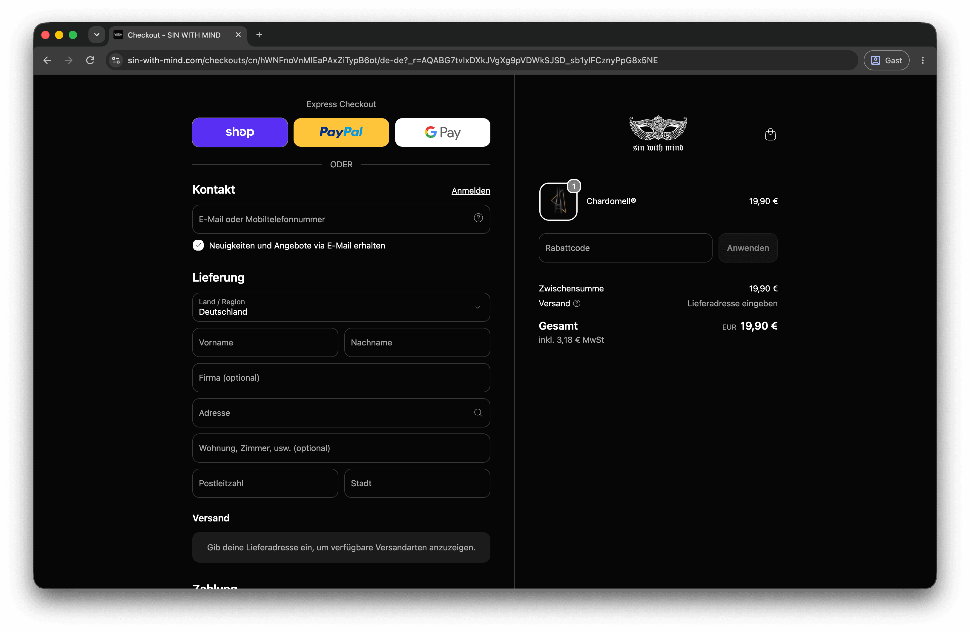 Shopify-Checkout im dunklen Markendesign