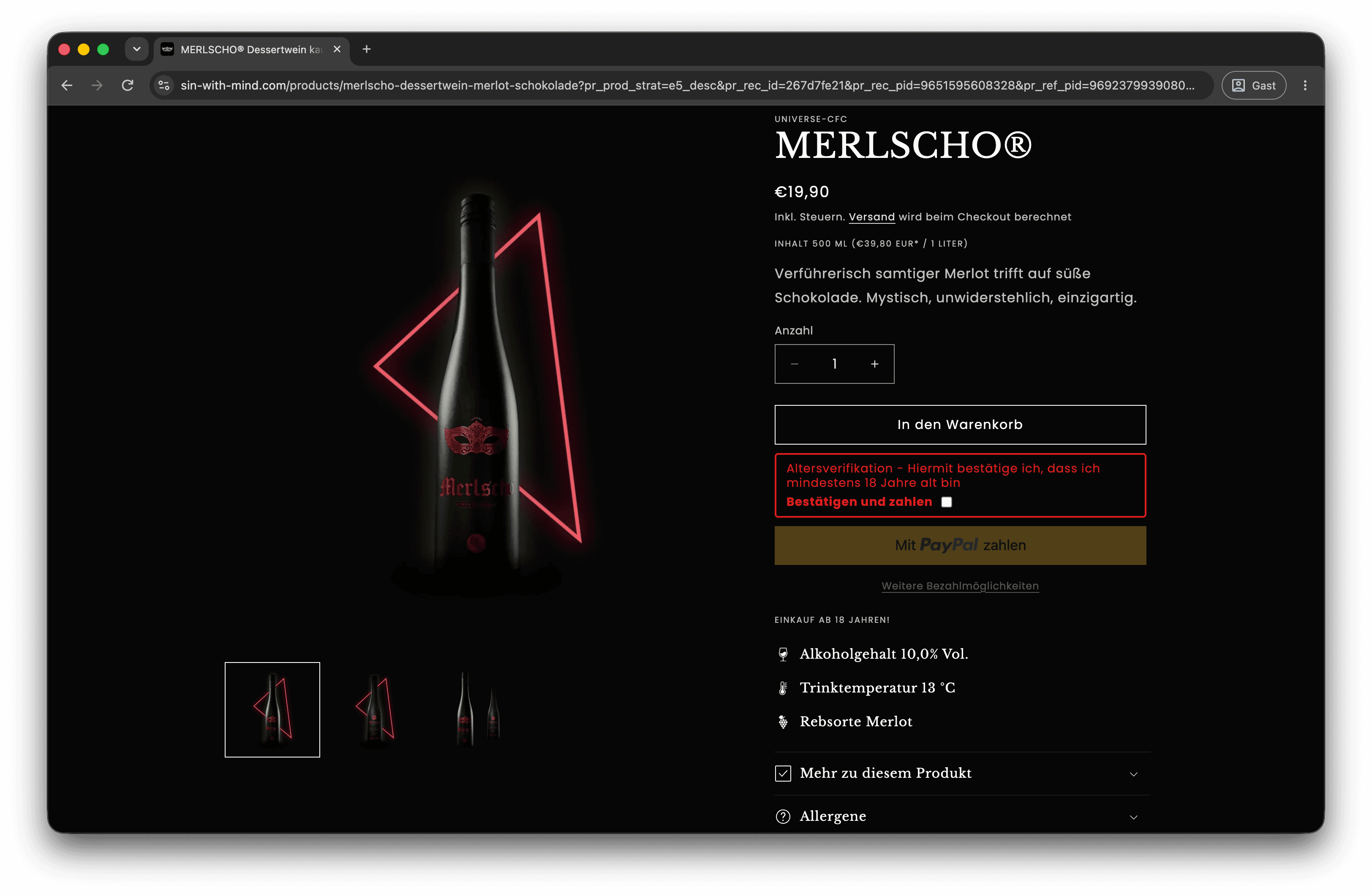 Produktseite Merlscho mit Altersverifikation