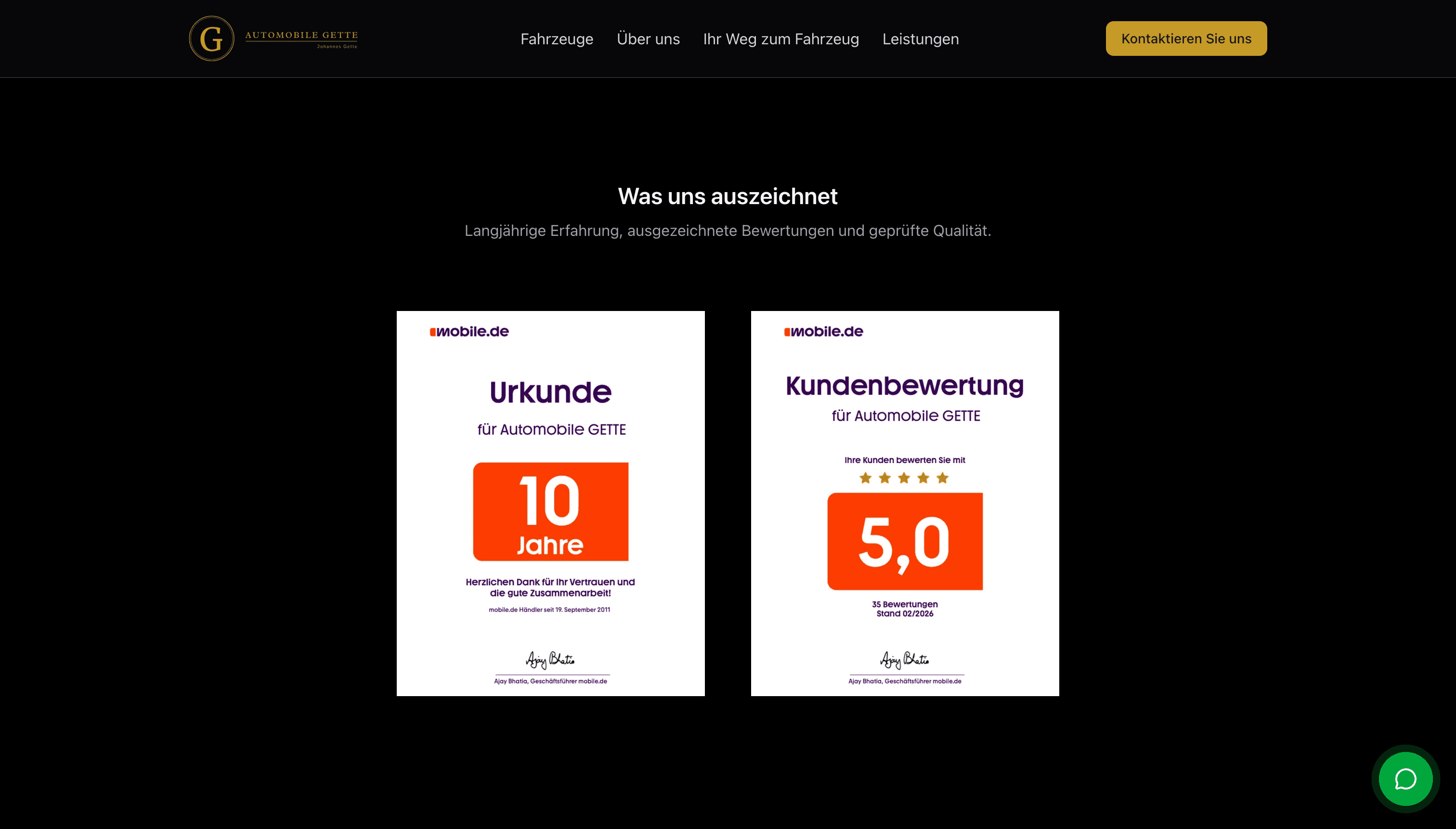 mobile.de-Urkunde und 5,0-Bewertung
