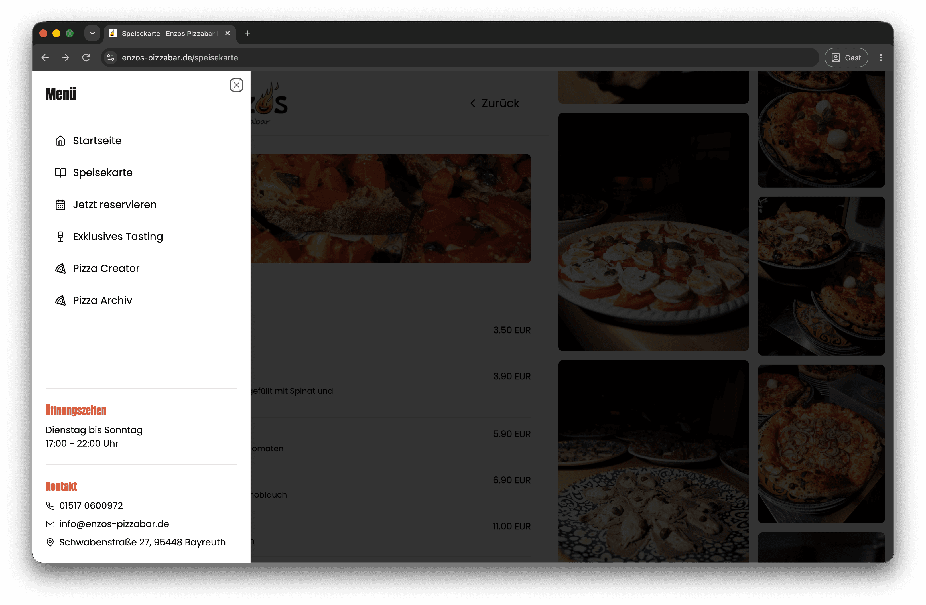 Speisekarte und Navigation mit Reservierung, Tasting und Pizza Creator