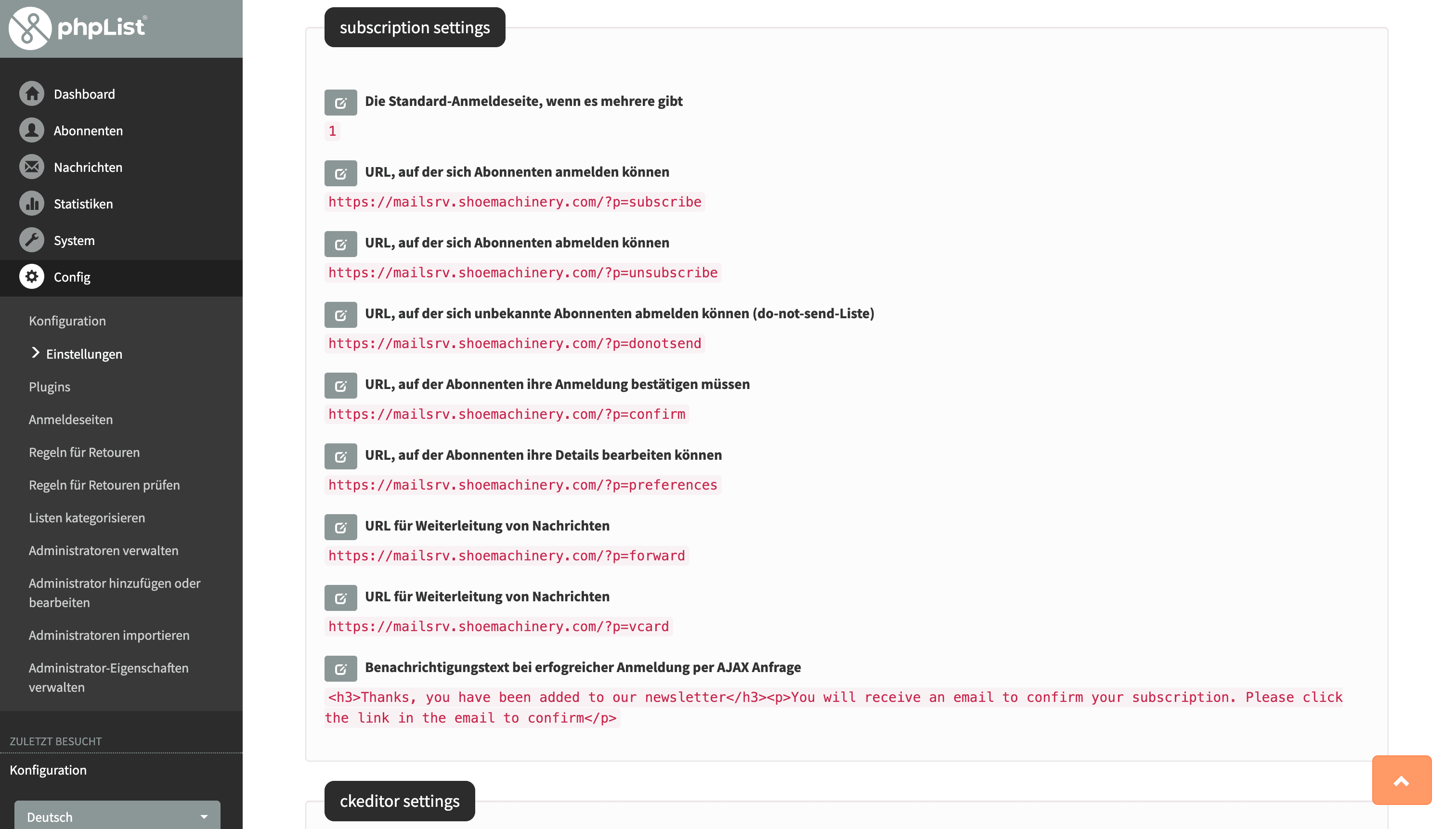 phpList-Einstellungen und Subscription-URLs auf mailsrv.shoemachinery.com